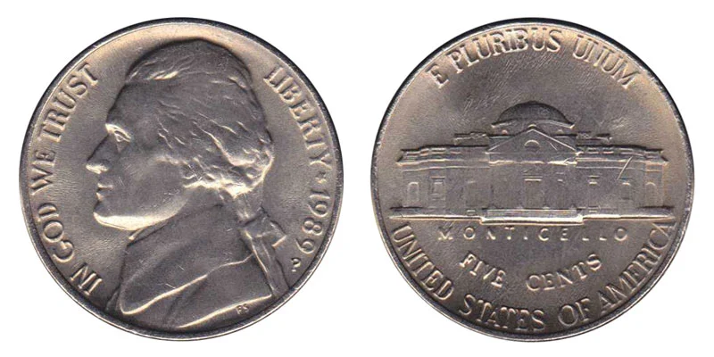 1989-P Jefferson nickel obverse and reverse showing Monticello and Jefferson portrait