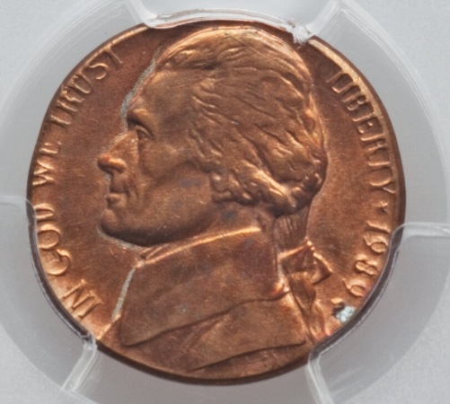 1989 nickel wrong planchet error showing Jefferson nickel design on cent-sized copper planchet