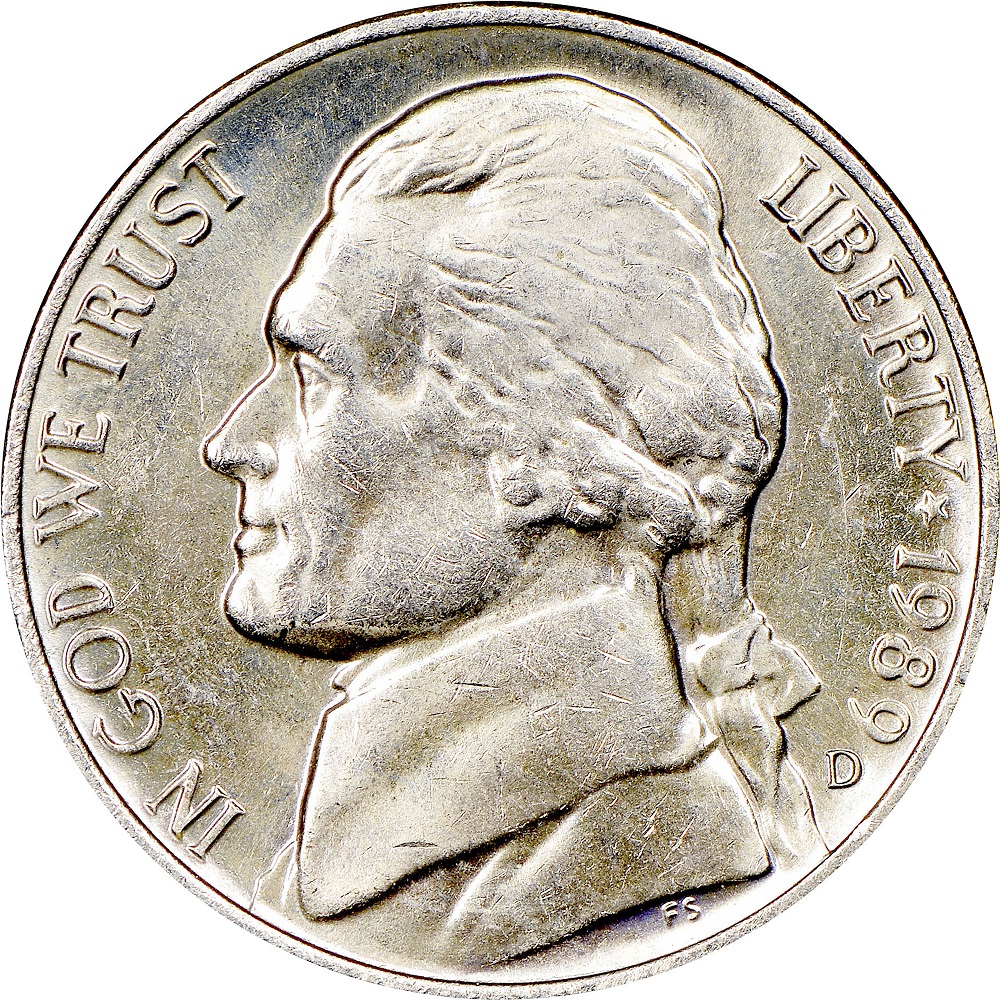 1989-D nickel Repunched Mint Mark close-up showing secondary D impression above the primary mint mark