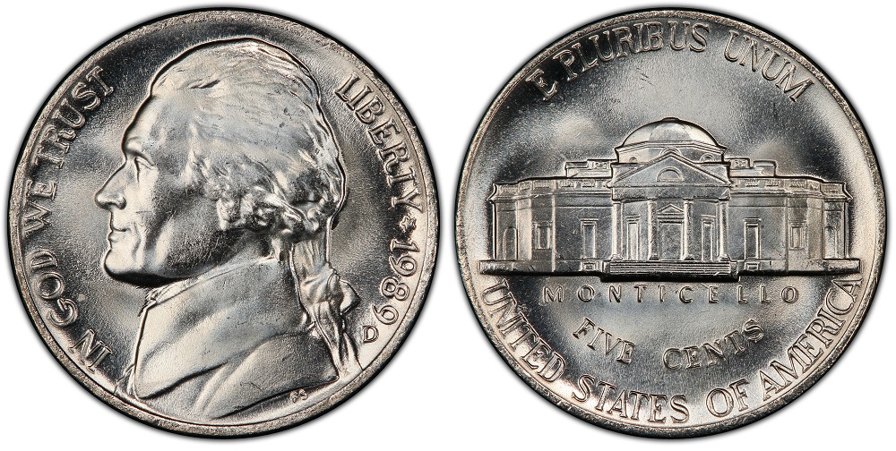 Group of 1989 Jefferson nickels showing various grades from worn circulated to uncirculated