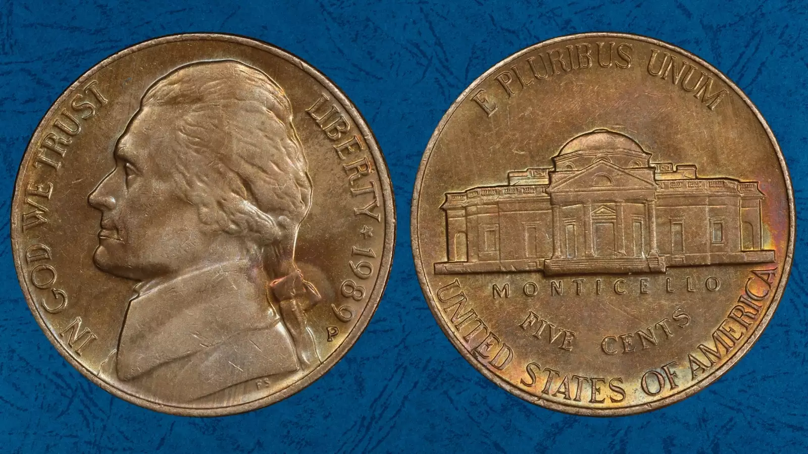1989 Jefferson nickel grading strip showing four condition tiers from worn to gem uncirculated